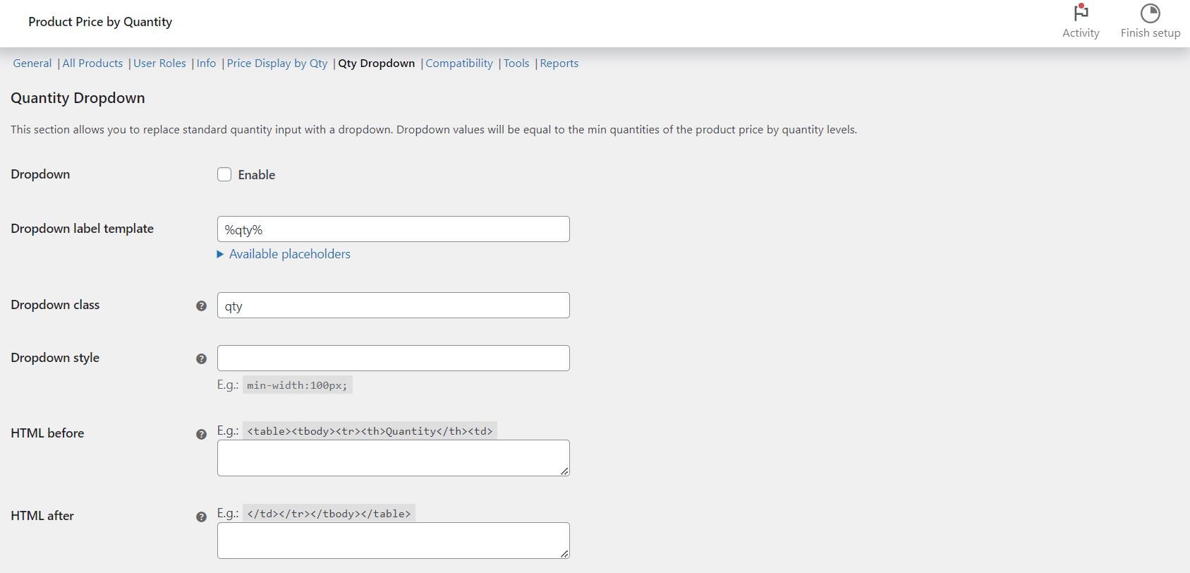 Quantity Dropdown options in Price by Quantity: label template, class and HTML wrappers