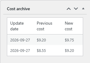 Cost archive meta box on the product edit screen listing dated cost entries