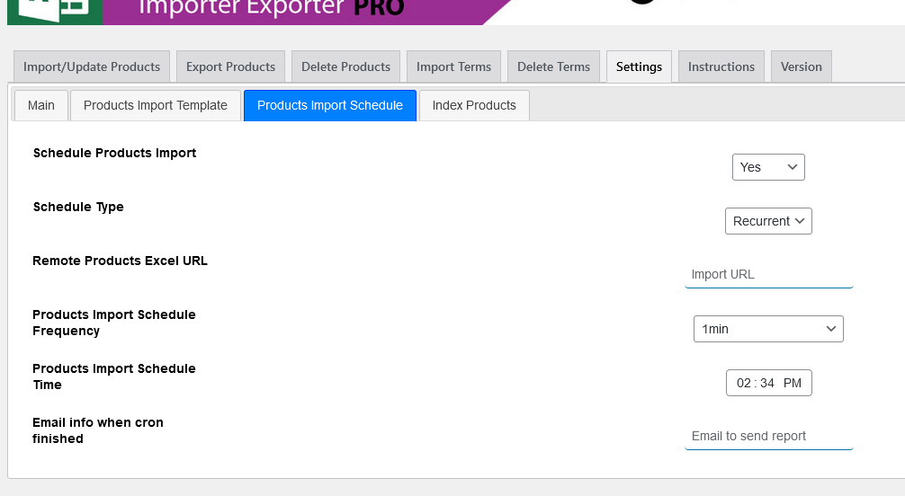 Products Import Schedule settings