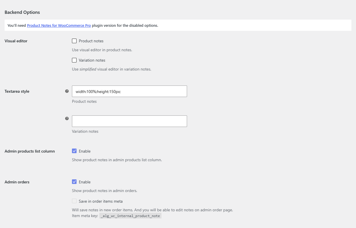 free version Backend Options group with the greyed-out Pro options and the Pro notice