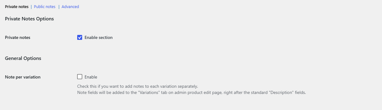 WPFactory, Product Notes settings page with the Private notes, Public notes and Advanced section links visible