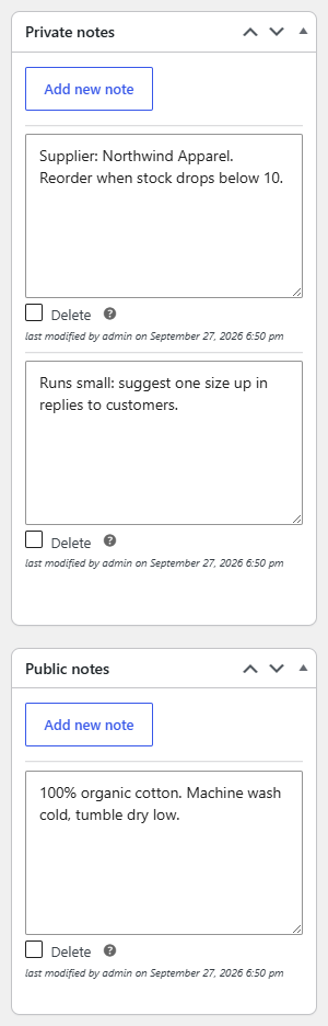 product edit screen sidebar showing the Private notes and Public notes boxes with the Add new note button and one saved