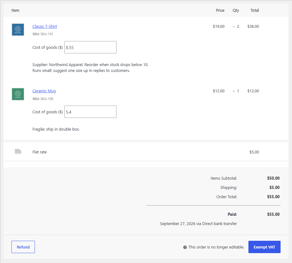 admin order edit screen showing a private product note under a line item