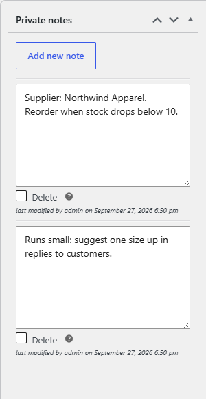 product edit screen, Private notes box with two saved notes and the last modified by line