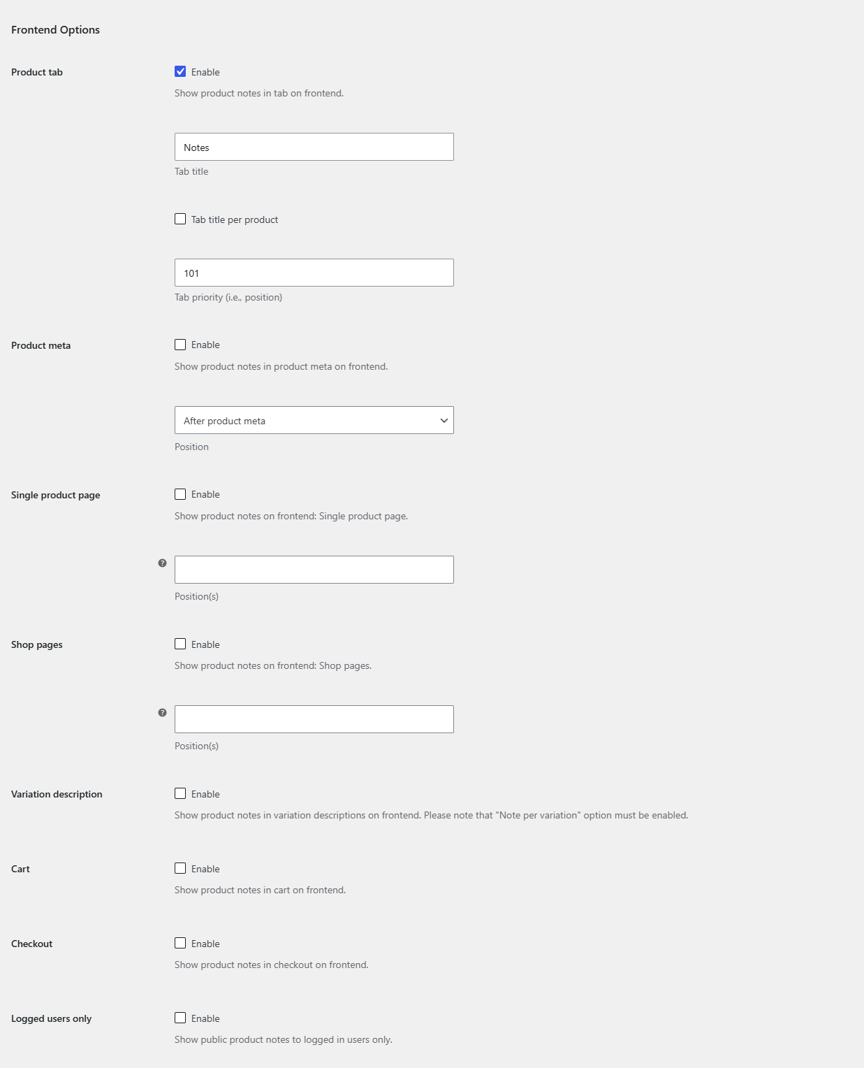 Public notes section, Frontend Options group with Product tab, Product meta and Single product page options