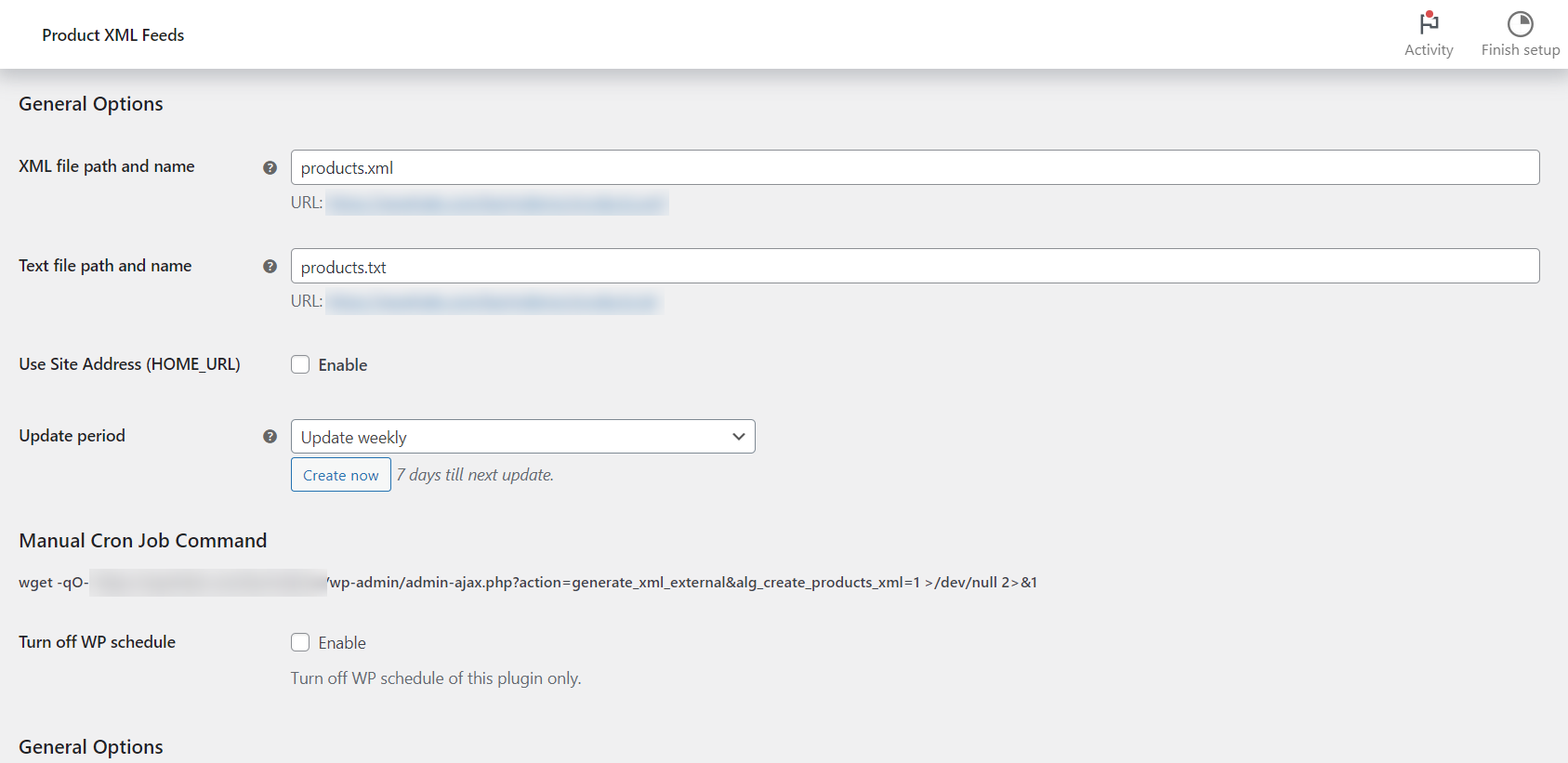 Product XML feed general options: file path, update period, Create now and the manual cron command