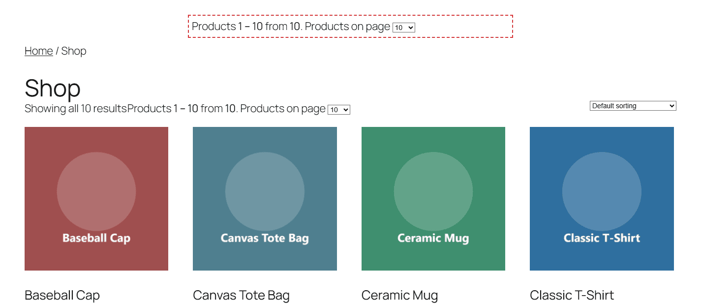 the [alg_wc_products_per_page] shortcode rendered above the product grid on the shop page