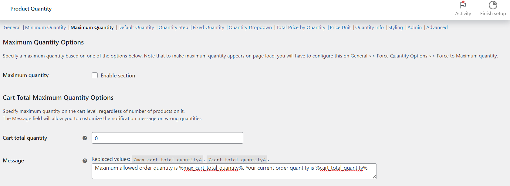 Maximum Quantity options in Quantity Manager, including the cart total maximum