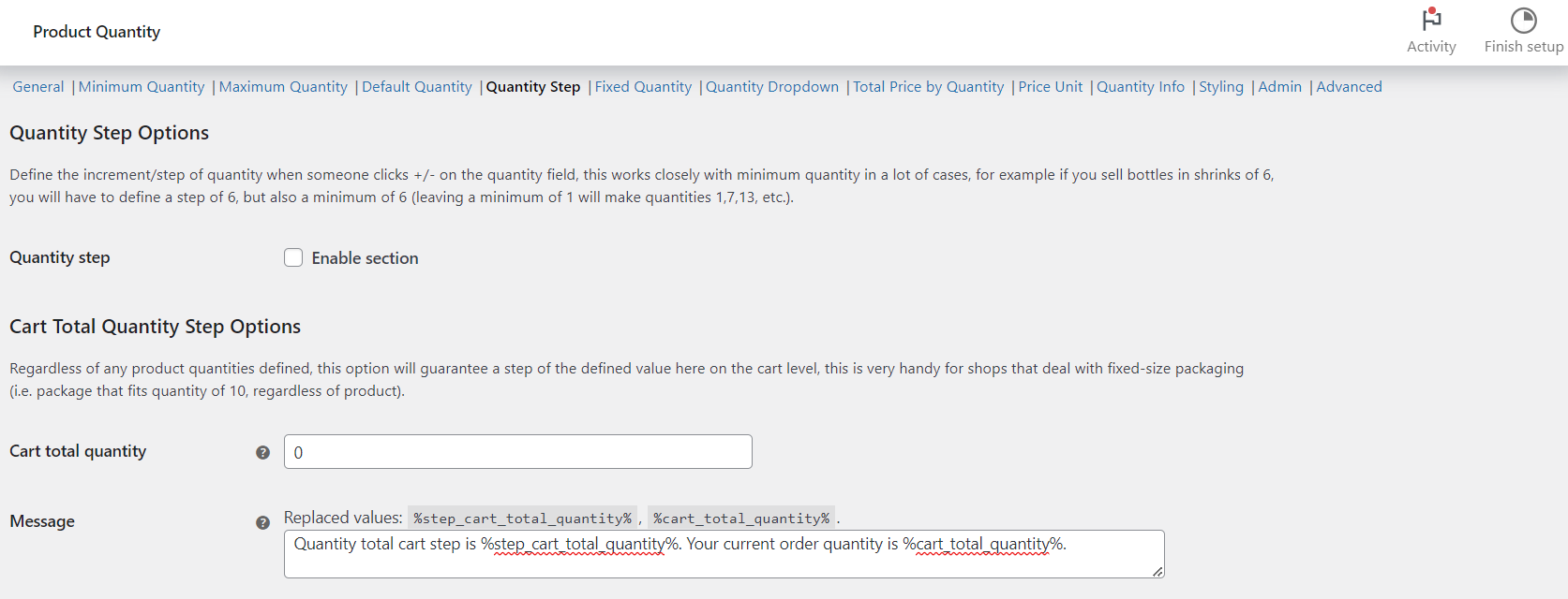Quantity Step options in Quantity Manager, including the cart total step