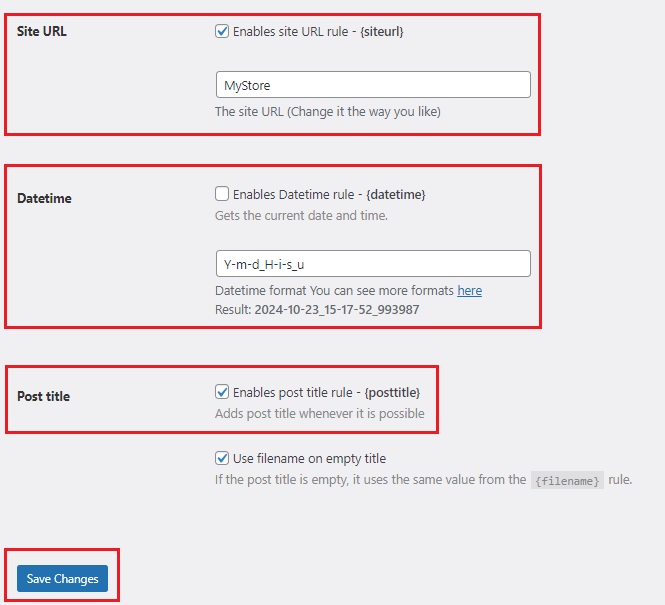 wordpress plugin rename media files - Set the Rules for Renaming 2