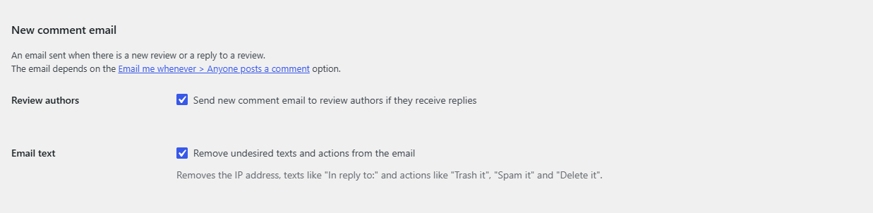 Review replies, Email section with Review authors and Email text ticked
