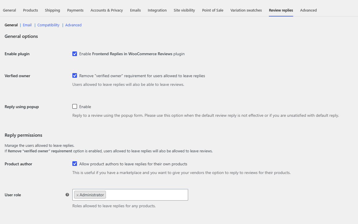 WooCommerce, Settings, Review replies tab showing the General section and the section links