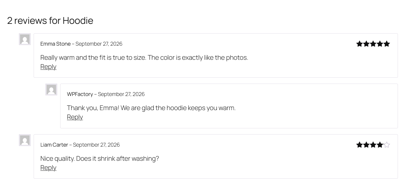product Reviews tab with the Reply link under a review and a posted reply nested below it
