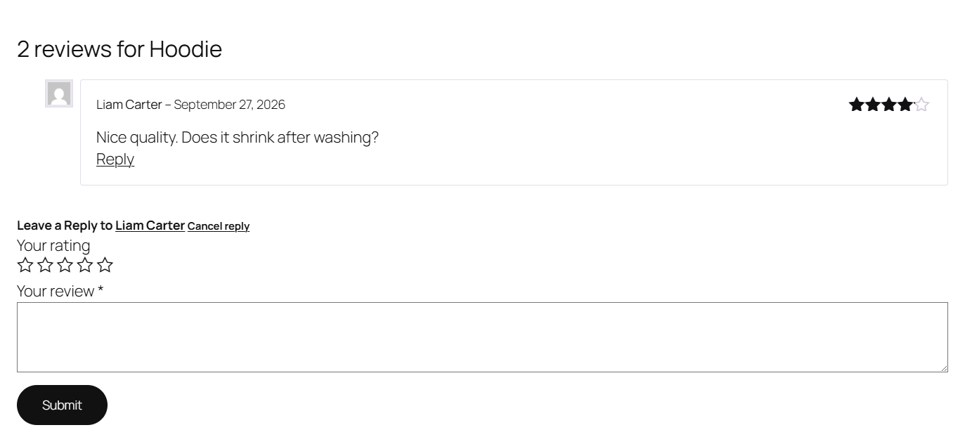 product Reviews tab in reply mode with the Leave a Reply to form and no star rating field
