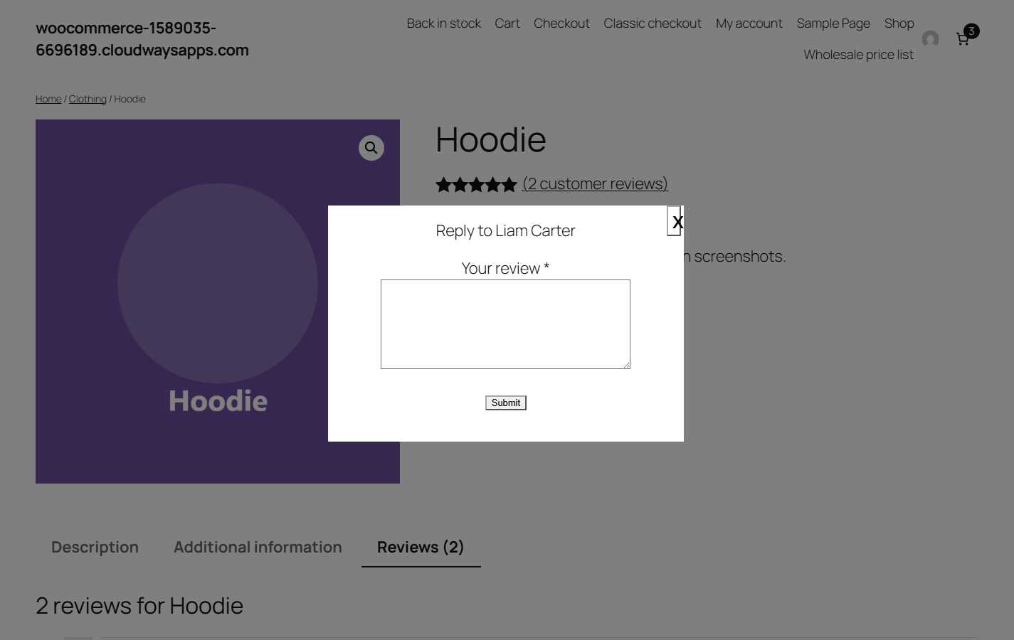 reply pop-up open over a product page with the Reply to title and Submit button