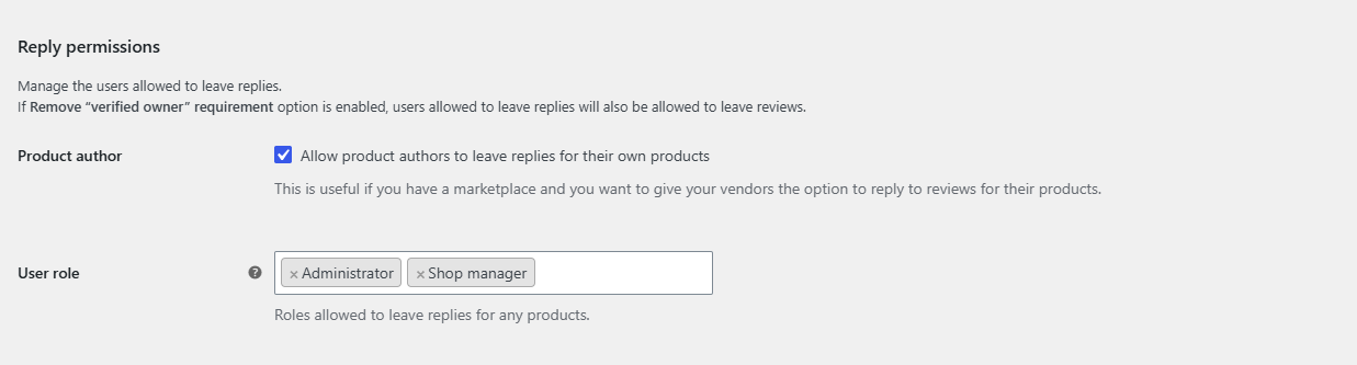 General section, Reply permissions group with Product author ticked and the User role field