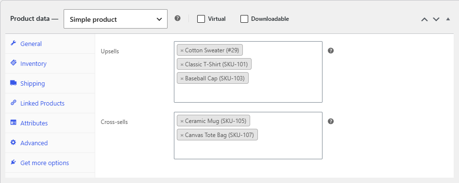 product edit screen, Product data > Linked Products tab with Upsells and Cross-sells filled