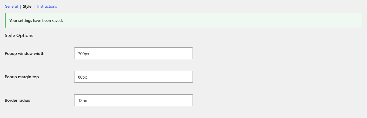 Style tab with example values filled in