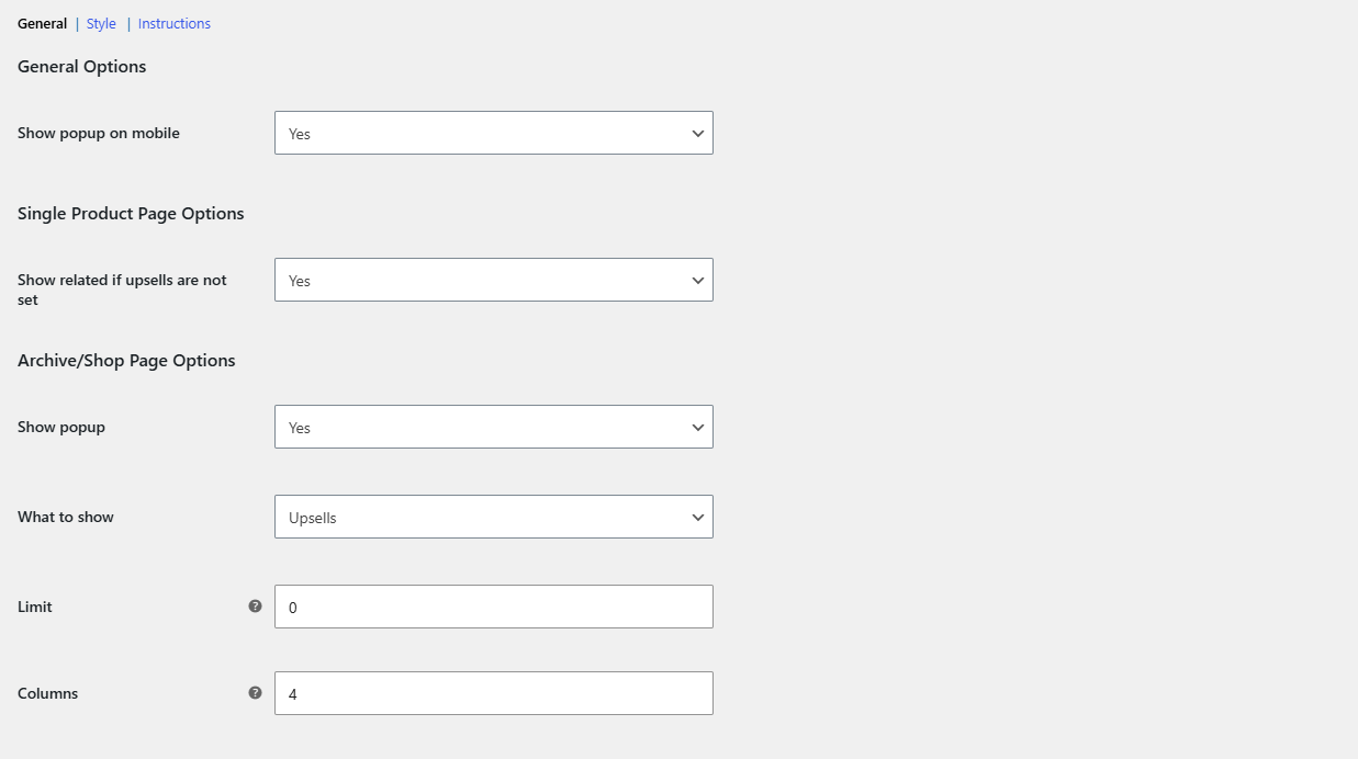General tab showing General Options, Single Product Page Options and Archive/Shop Page Options