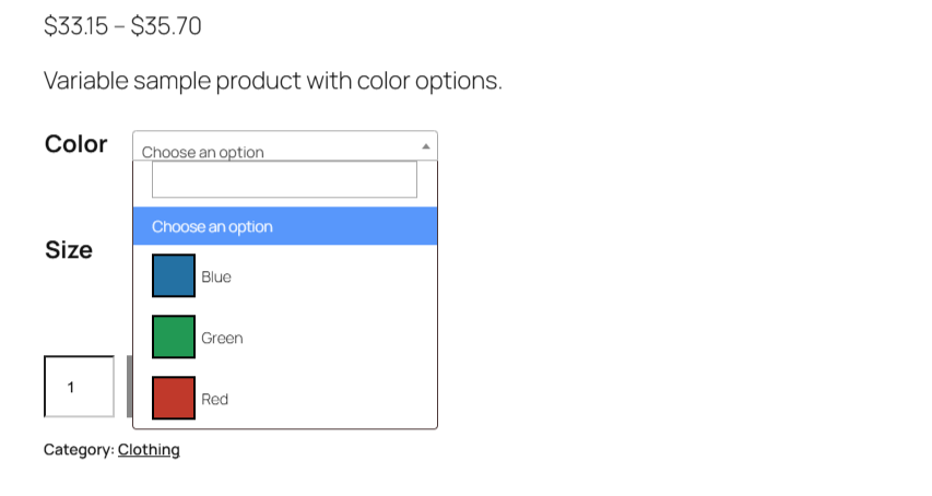 variable product page with the attribute selector rendered as a searchable Select2 dropdown