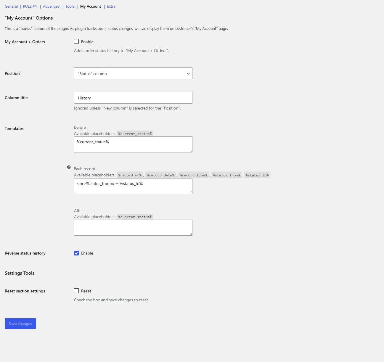My Account section of Order Status Rules settings