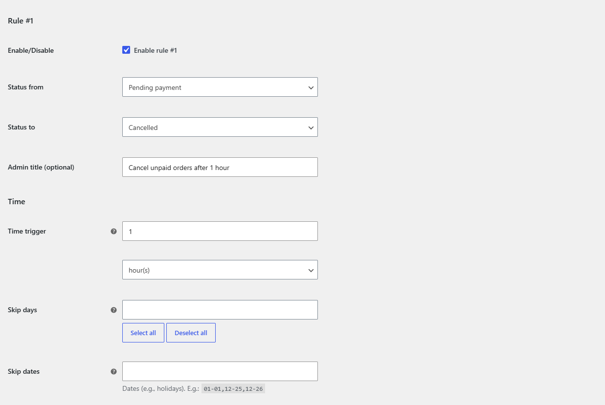 Rule #1 settings section showing Status from, Status to and Time trigger