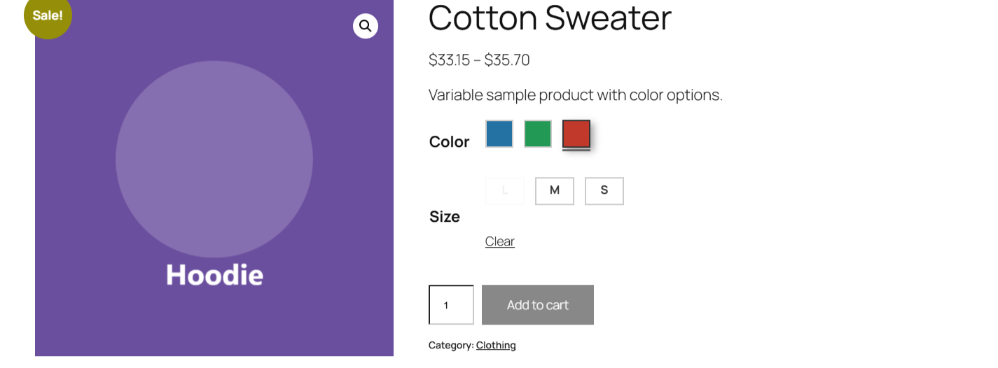 product page with one swatch selected and incompatible swatches greyed out