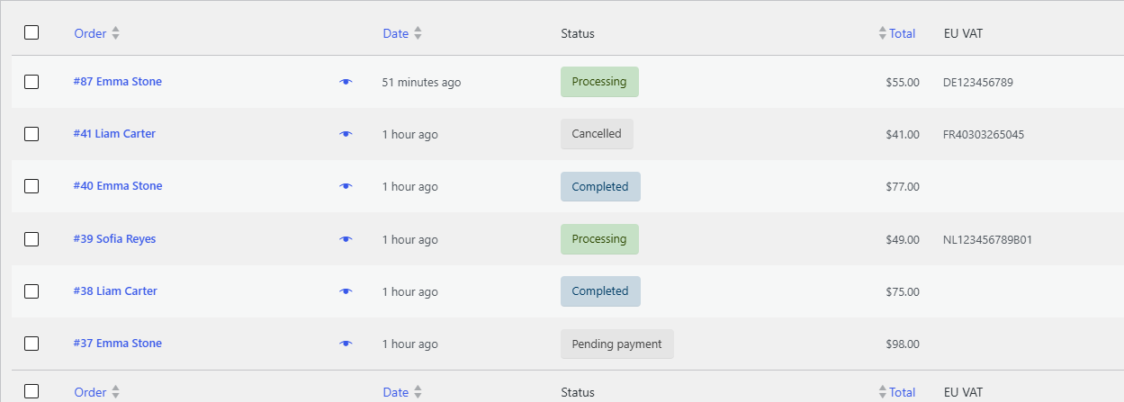 Orders list with the EU VAT number column enabled
