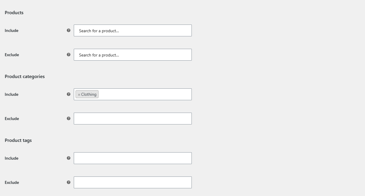 Discount Group section showing the Products, Product categories and Product tags Include and Exclude fields