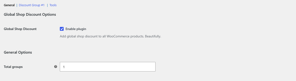 WPFactory, Global Shop Discount settings page with the General, Discount Group #1 and Tools section links visible
