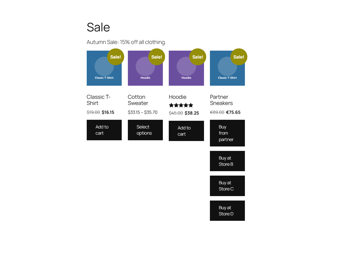 a front-end "Sale" page built with the [alg_wc_gsd_products] shortcode