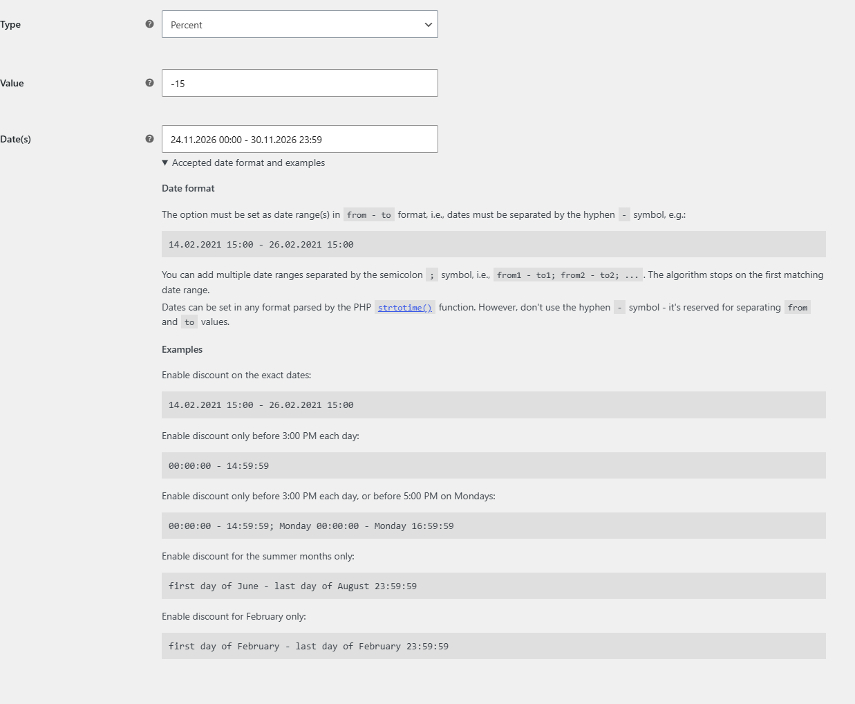 Discount Group section with the Date(s) field filled in and the "Accepted date format and examples" panel expanded