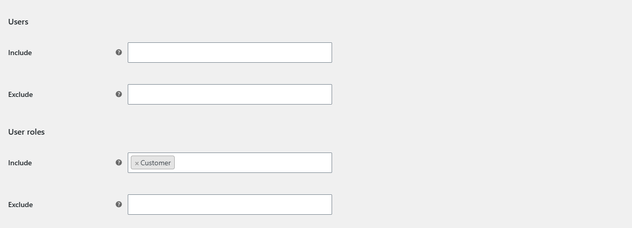Discount Group section showing the Users and User roles Include and Exclude fields