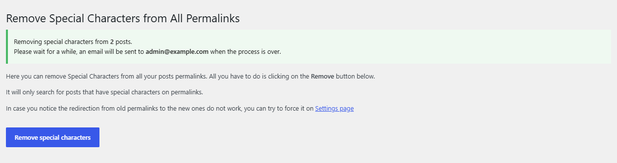 Tools, Remove Characters page with the Remove special characters button and the success notice