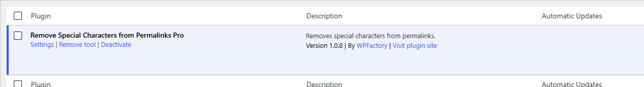 Plugins screen row for Remove Special Characters from Permalinks Pro showing the Settings and Remove tool links