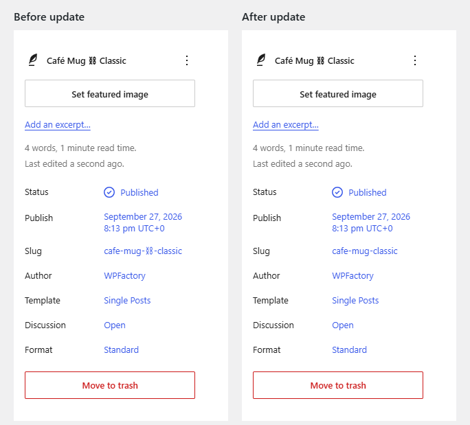 block editor URL panel before and after update, showing a slug with a symbol and the cleaned slug