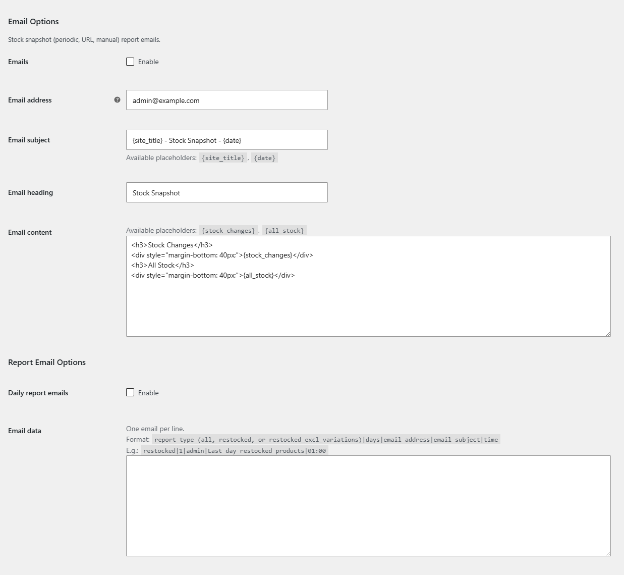 Emails section showing Email Options and Report Email Options with the Email data textarea