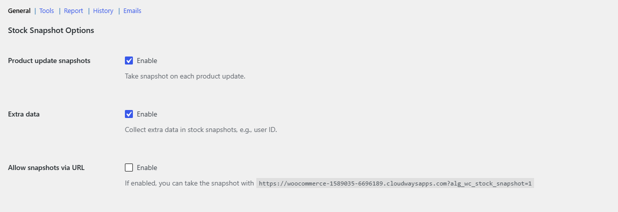 WPFactory, Stock Snapshot General section with the section links (General, Tools, Report, History, Emails) visible
