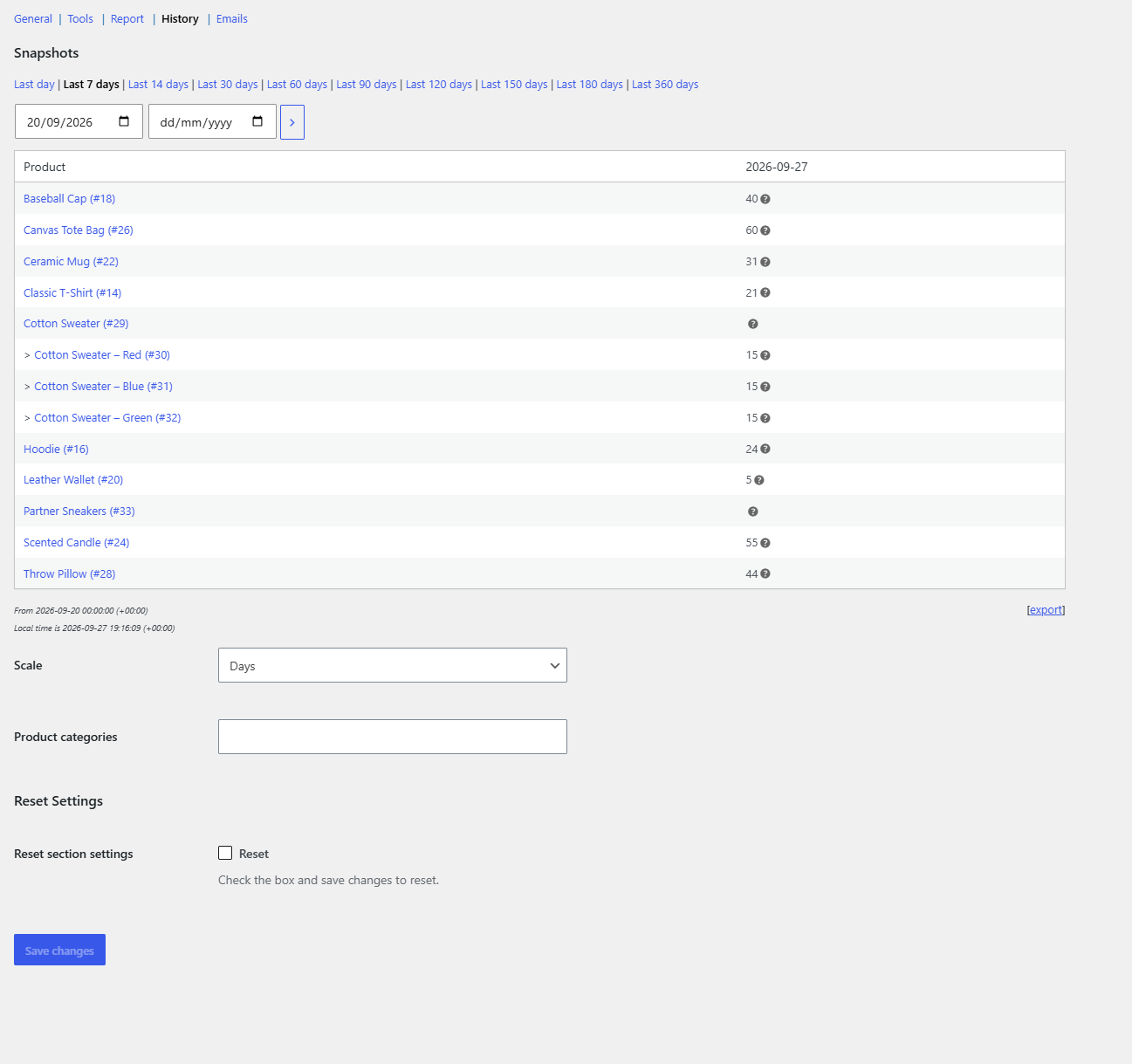 History section showing the date range links, Scale and Product categories fields, and the product by date table