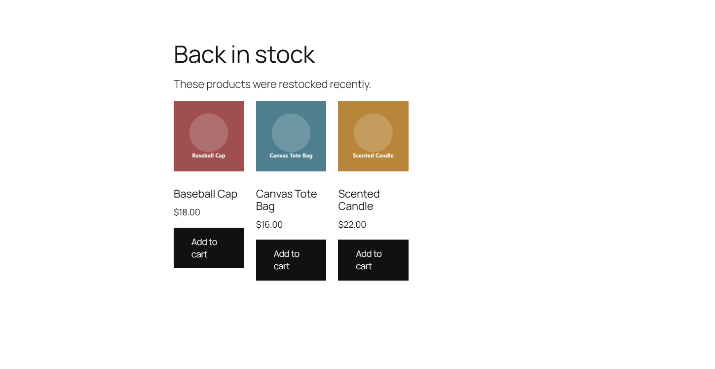 a front-end "Back in stock" page built with the [alg_wc_stock_snapshot_restocked] shortcode