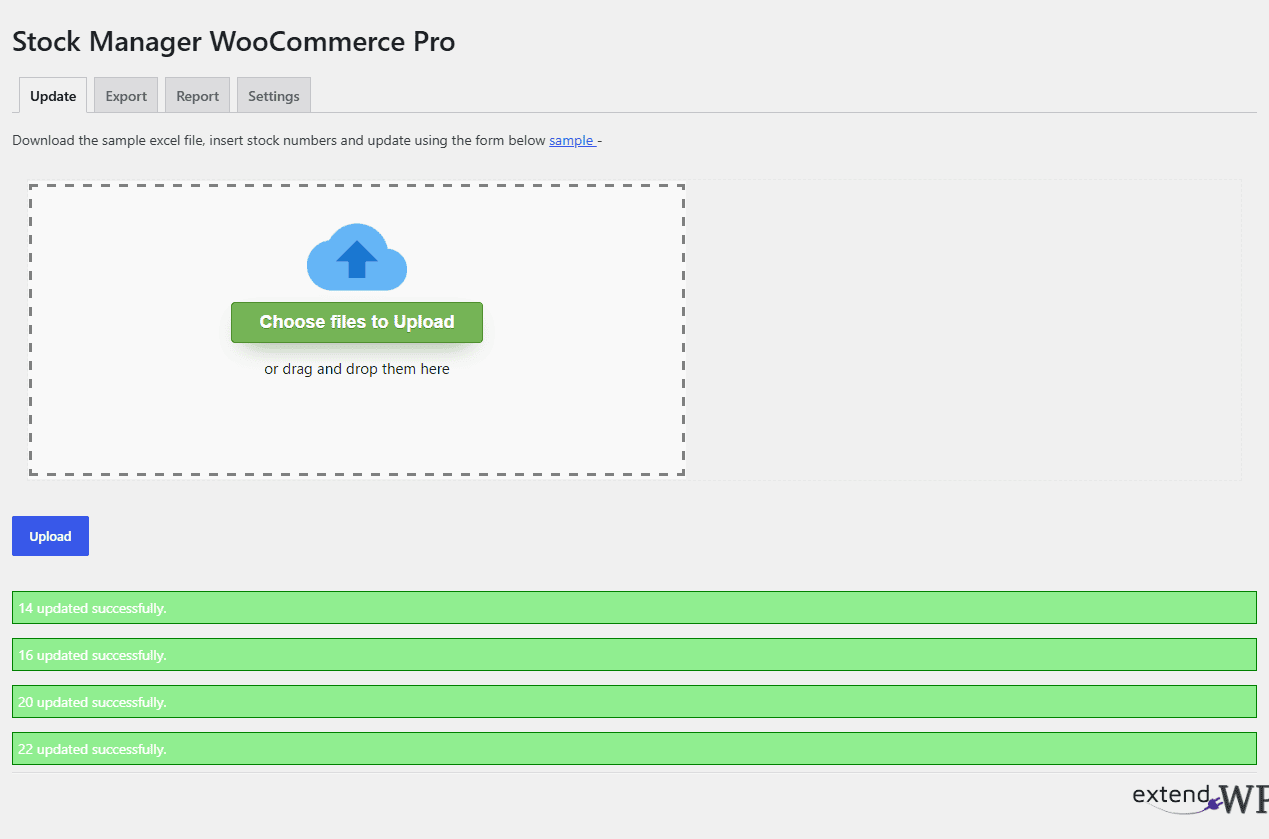 Update tab with the file field, the sample link and a list of "updated successfully" results