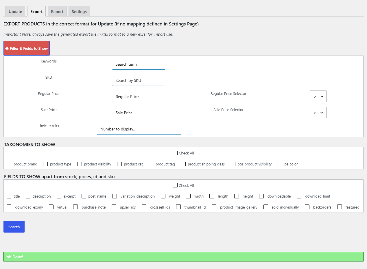 Export tab with the Filter & Fields to Show panel open, and the Export to xlsx/csv/txt buttons after "Job Done!"