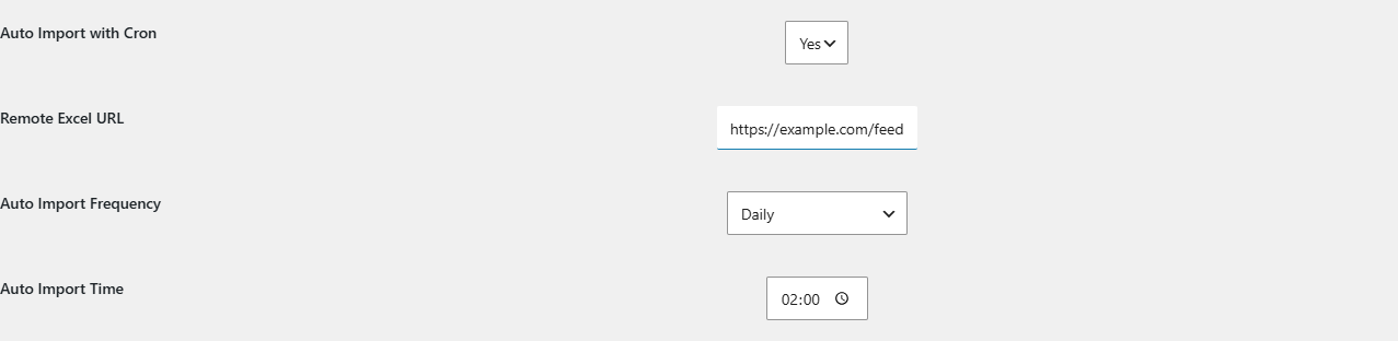 Settings tab, cron section with Auto Import with Cron = Yes, a Remote Excel URL, frequency and time