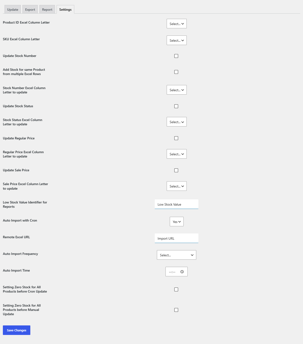 full Settings tab of Stock Manager