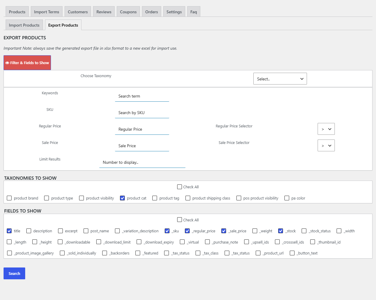Export Products screen with filters open and FIELDS TO SHOW checkboxes