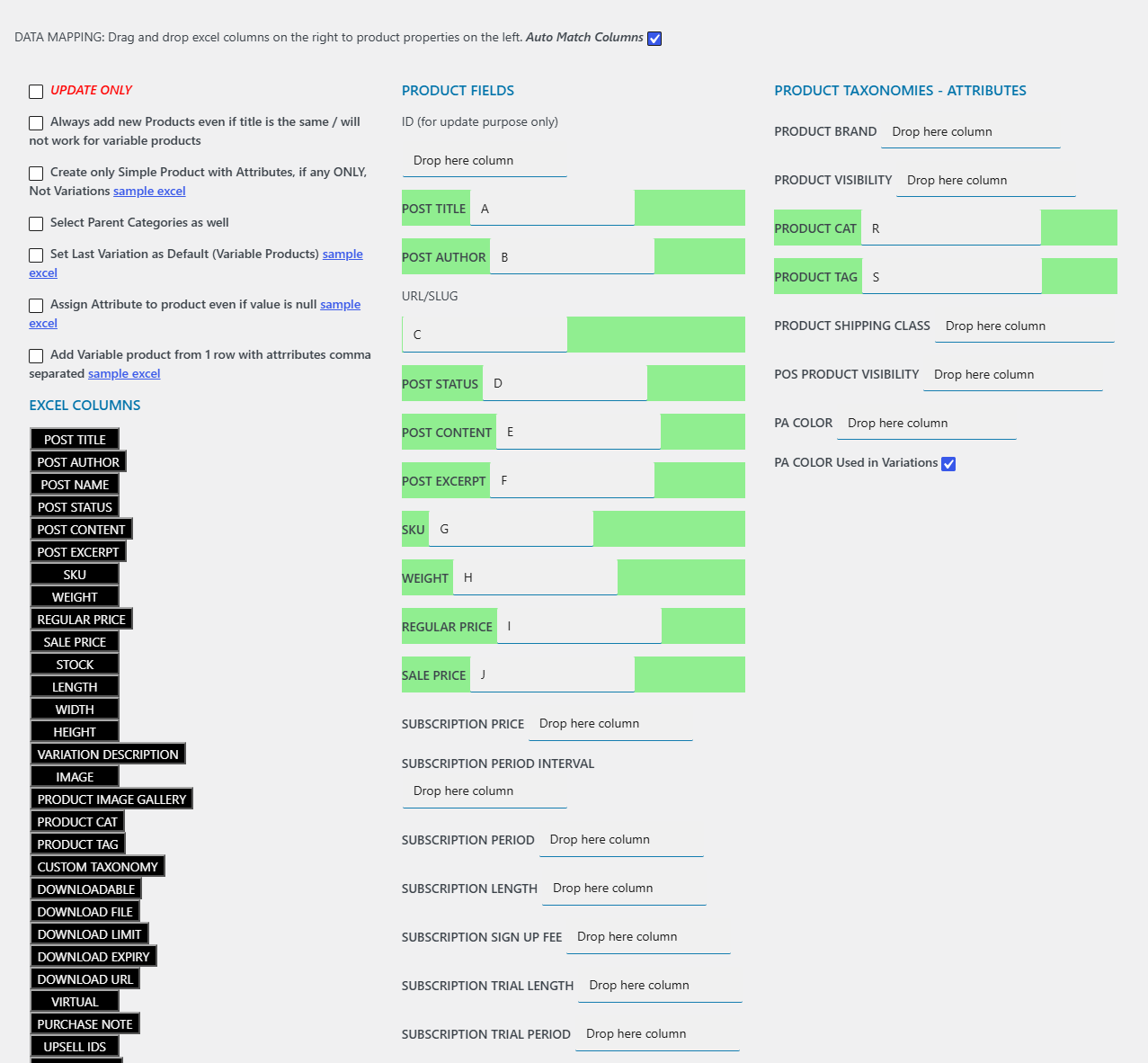 product DATA MAPPING screen showing EXCEL COLUMNS, PRODUCT FIELDS and the import option checkboxes