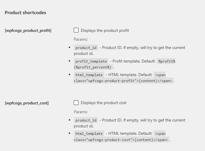 Shortcodes sub-tab showing [wpfcogs_product_profit] and [wpfcogs_product_cost] enable checkboxes