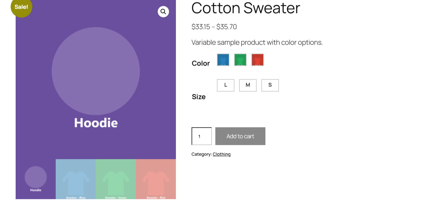 variable product gallery showing the attribute term images added alongside the main product photos