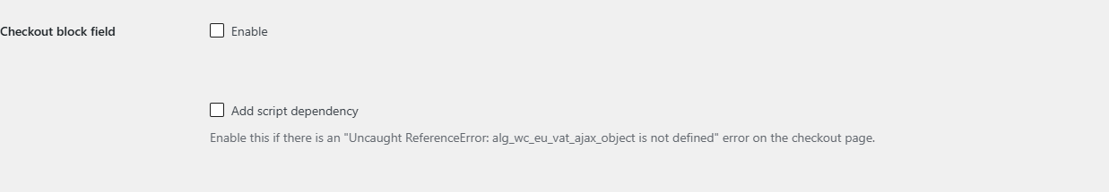 Advanced sub-tab showing Checkout block field and Add script dependency