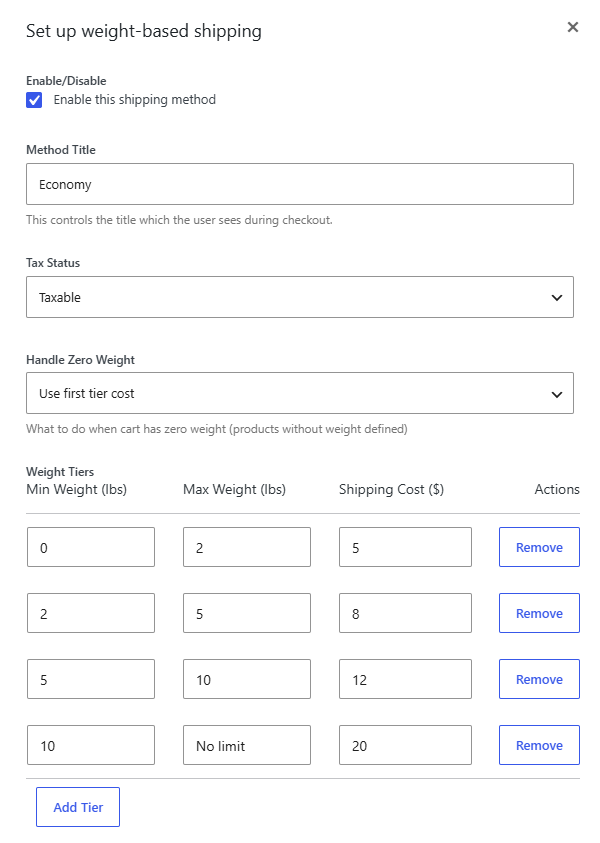 Weight-Based Shipping settings modal inside a shipping zone, with a custom tier table filled in
